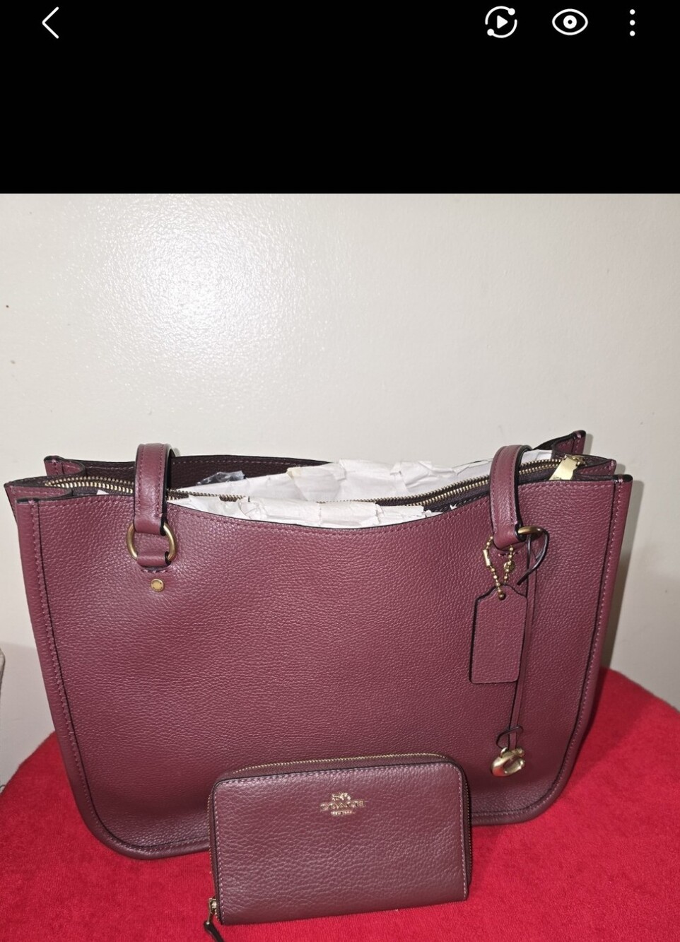 Coach TYLER CARRYALL.WINE COLORPebbled Leather Tote with Matching Wallet